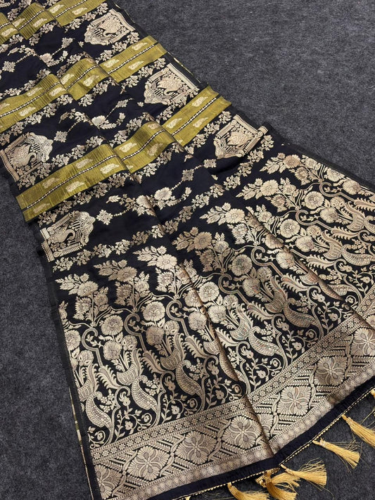 Jubilant Black Banarasi Tissue Silk Saree With Imaginative Blouse Piece