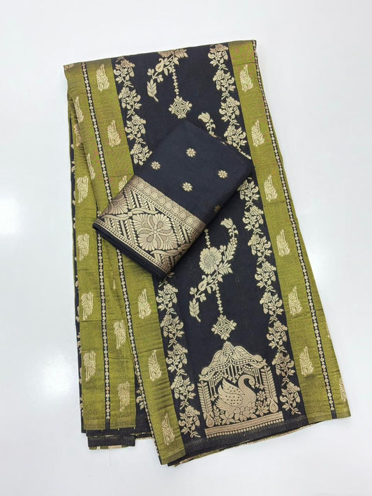 Jubilant Black Banarasi Tissue Silk Saree With Imaginative Blouse Piece