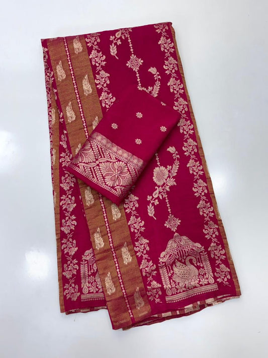 Radiant Dark Pink Banarasi Tissue Silk Saree With Sizzling Blouse Piece