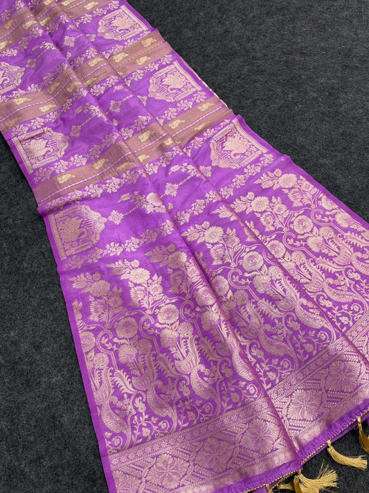 Evocative Lavender Banarasi Tissue Silk Saree With Stylish Blouse Piece