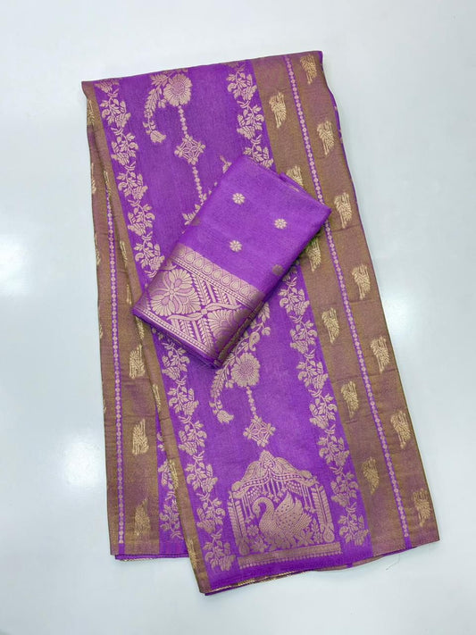 Evocative Lavender Banarasi Tissue Silk Saree With Stylish Blouse Piece