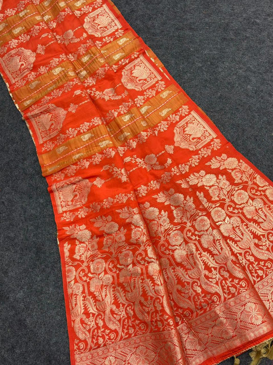 Redolent Orange Banarasi Tissue Silk Saree With Divine Blouse Piece