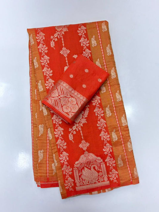 Redolent Orange Banarasi Tissue Silk Saree With Divine Blouse Piece