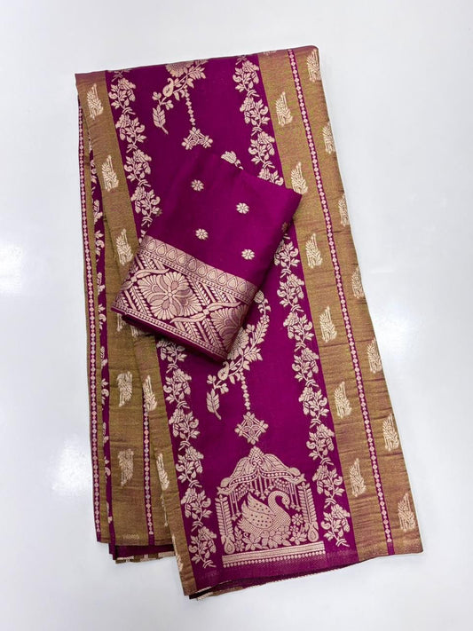 Admirable Purple Banarasi Tissue Silk Saree With Fancifull Blouse Piece