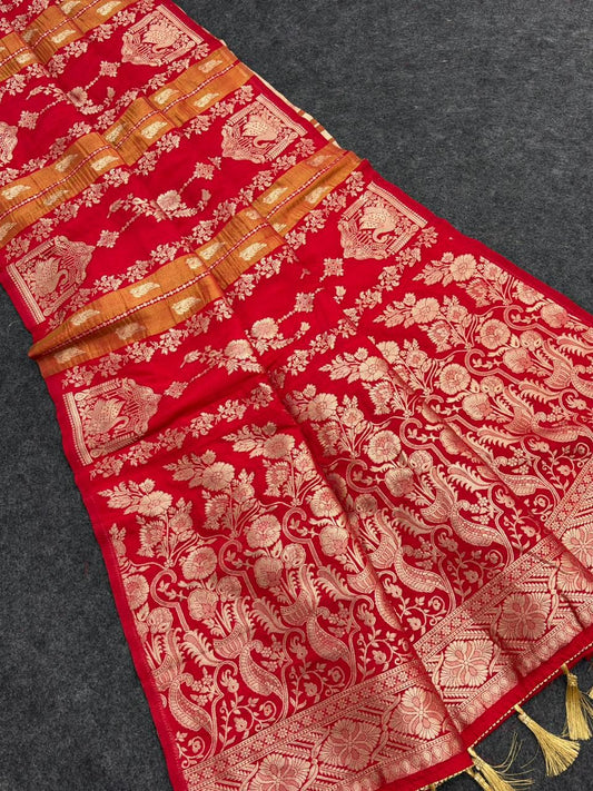 Ratatouille Red Banarasi Tissue Silk Saree With Engrossing Blouse Piece
