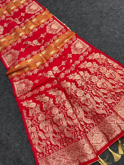 Ratatouille Red Banarasi Tissue Silk Saree With Engrossing Blouse Piece
