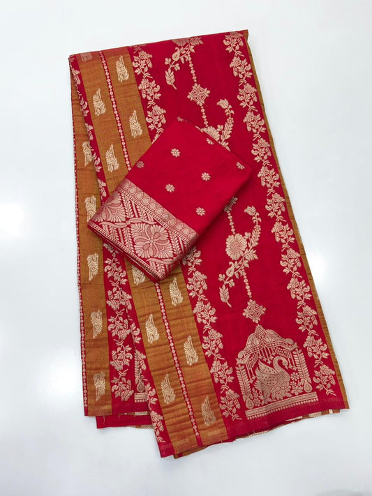 Ratatouille Red Banarasi Tissue Silk Saree With Engrossing Blouse Piece