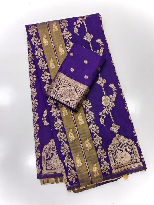 Woebegone Royal Blue Banarasi Tissue Silk Saree With Beautiful Blouse Piece