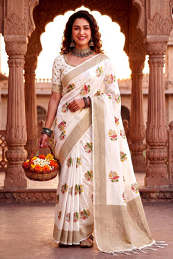 Stunner Beige Banarasi Khadi Silk Saree With Evanescent Blouse Piece