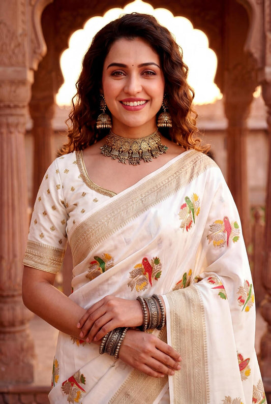 Stunner Beige Banarasi Khadi Silk Saree With Evanescent Blouse Piece