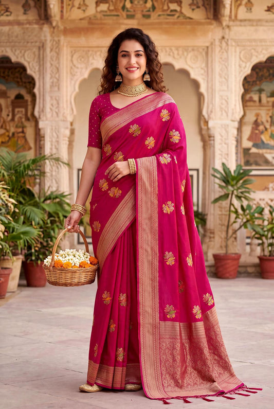 Adoring Dark Pink Banarasi Khadi Silk Saree With Engrossing Blouse Piece