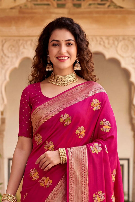 Adoring Dark Pink Banarasi Khadi Silk Saree With Engrossing Blouse Piece