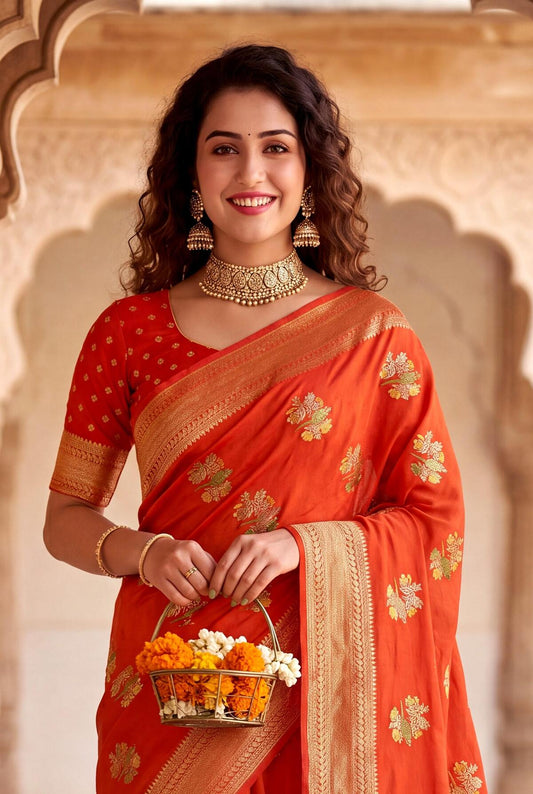 Ineffable Orange Banarasi Khadi Silk Saree With Ethereal Blouse Piece