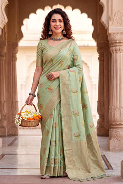 Capricious Pista Banarasi Khadi Silk Saree With Propinquity Blouse Piece
