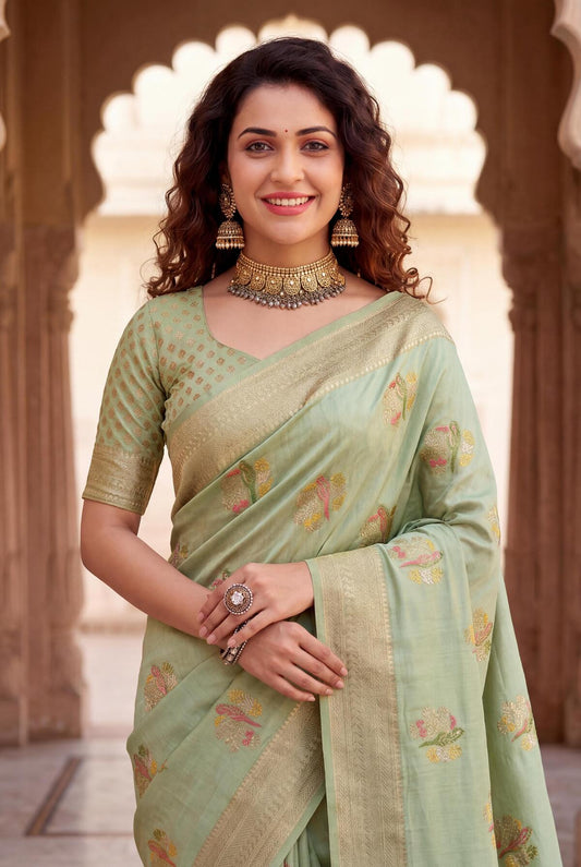 Capricious Pista Banarasi Khadi Silk Saree With Propinquity Blouse Piece