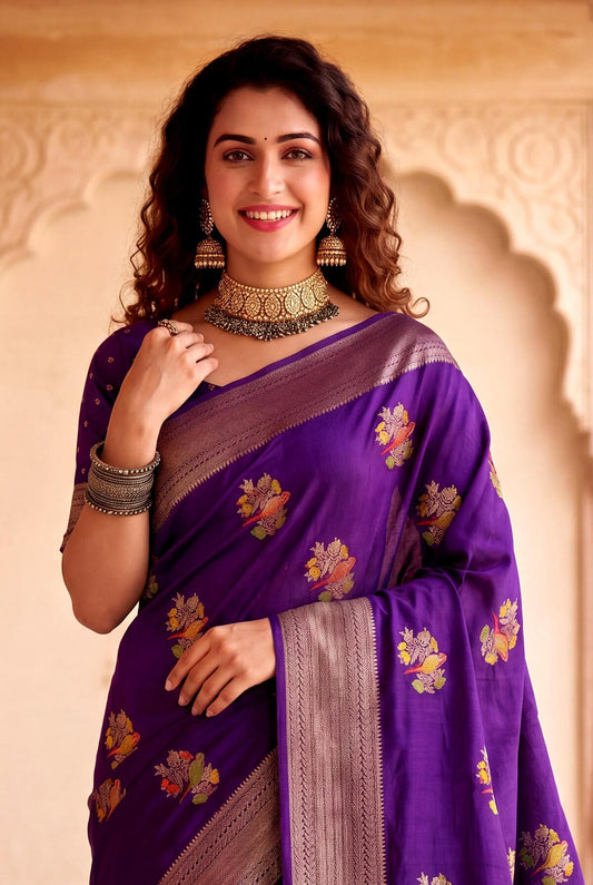Invaluable Purple Banarasi Khadi Silk Saree With Dalliance Blouse Piece
