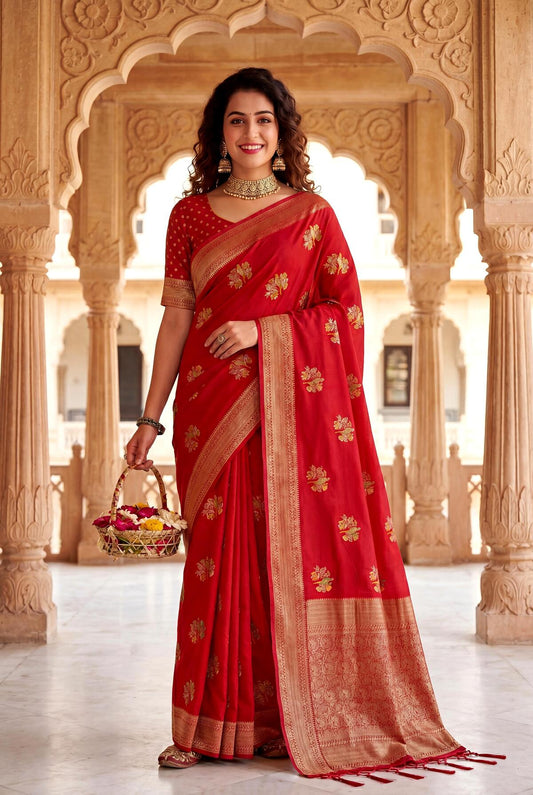Transcendent Red Banarasi Khadi Silk Saree With Groovy Blouse Piece