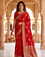 Transcendent Red Banarasi Khadi Silk Saree With Groovy Blouse Piece