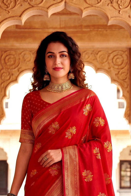 Transcendent Red Banarasi Khadi Silk Saree With Groovy Blouse Piece