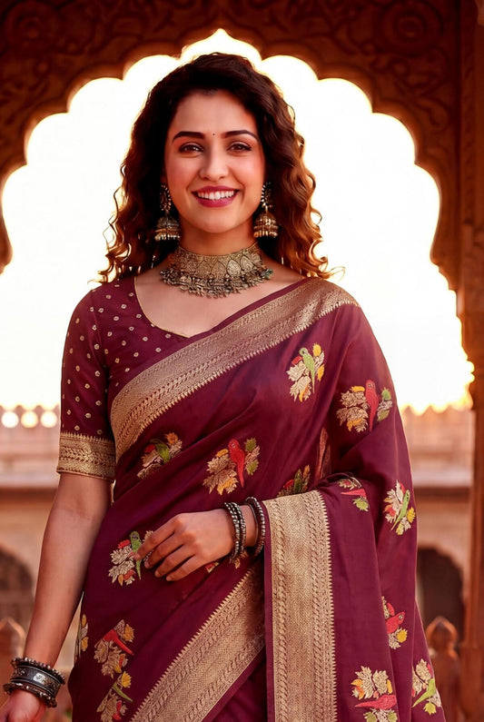Dulcet Wine Banarasi Khadi Silk Saree With Desultory Blouse Piece