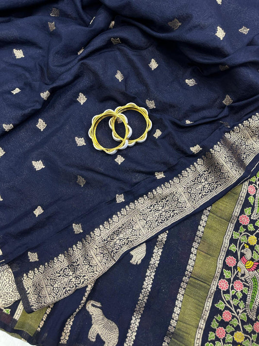Jazzy Navy Blue Banarasi Tissue Silk Saree With Beauteous Blouse Piece