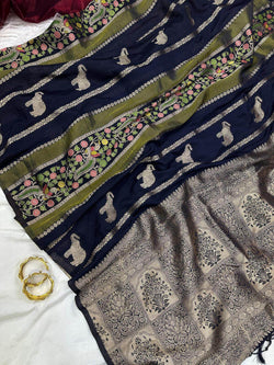 Jazzy Navy Blue Banarasi Tissue Silk Saree With Beauteous Blouse Piece