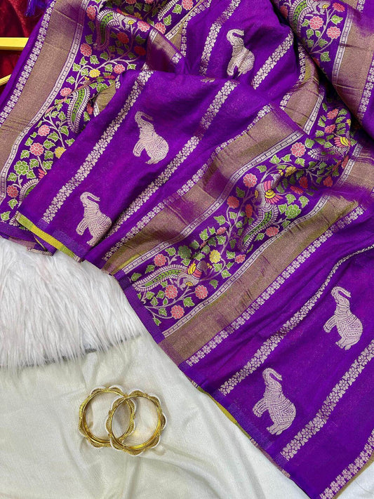 Groovy Purple Banarasi Tissue Silk Saree With Seraglio Blouse Piece