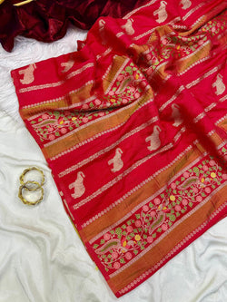 Demesne Red Banarasi Tissue Silk Saree With Staggering Blouse Piece