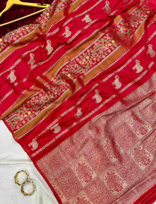 Demesne Red Banarasi Tissue Silk Saree With Staggering Blouse Piece