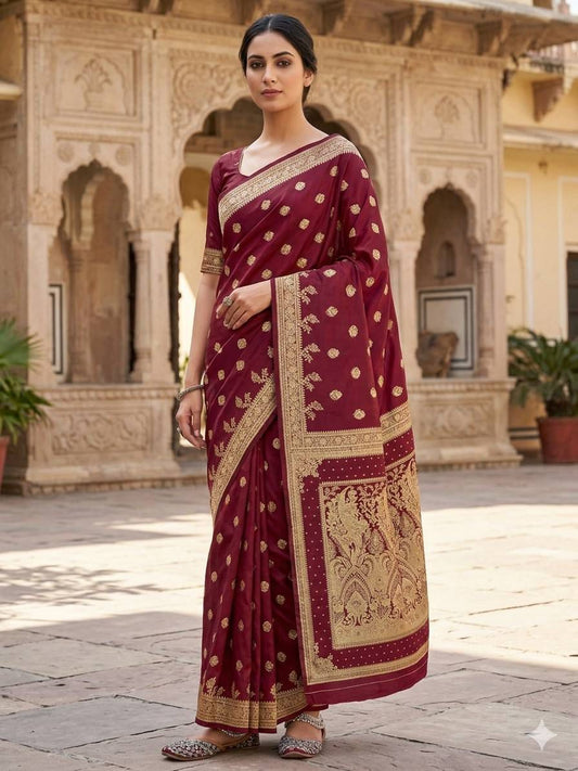 Hypnotic Maroon Soft Silk Saree With Gleaming Blouse Piece