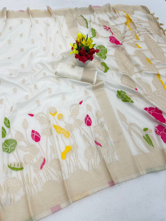 Brood Beige Khadi Georgette Banarasi Silk Saree With Scintilla Blouse Piece