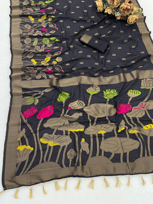 Exquisite Black Khadi Georgette Banarasi Silk Saree With Susurrous Blouse Piece