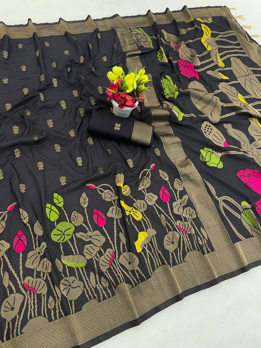 Exquisite Black Khadi Georgette Banarasi Silk Saree With Susurrous Blouse Piece