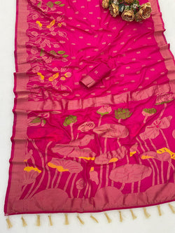 Enticing Dark Pink Khadi Georgette Banarasi Silk Saree With Serendipity Blouse Piece