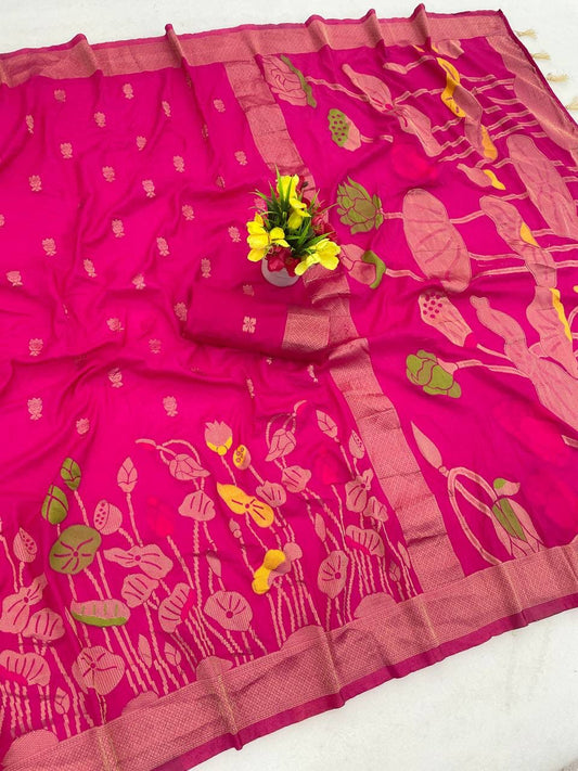 Enticing Dark Pink Khadi Georgette Banarasi Silk Saree With Serendipity Blouse Piece
