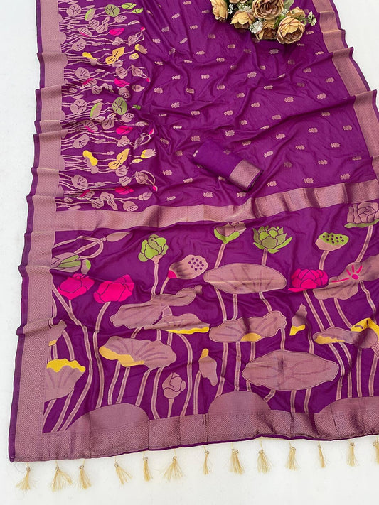 Elision Purple Khadi Georgette Banarasi Silk Saree With Demure Blouse Piece