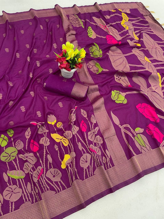 Elision Purple Khadi Georgette Banarasi Silk Saree With Demure Blouse Piece