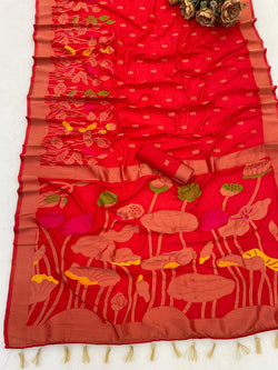 Piquant Red Khadi Georgette Banarasi Silk Saree With Engaging Blouse Piece