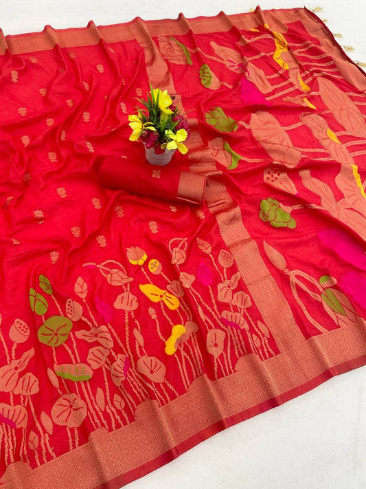 Piquant Red Khadi Georgette Banarasi Silk Saree With Engaging Blouse Piece