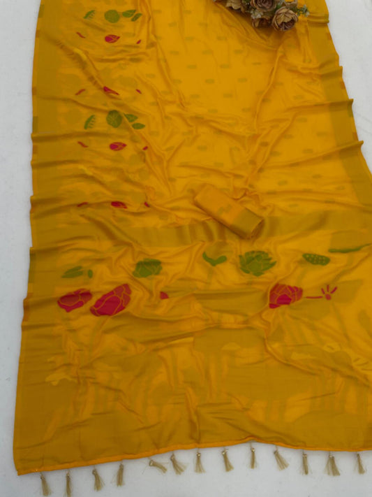 Dissemble Yellow Khadi Georgette Banarasi Silk Saree With Lagniappe Blouse Piece