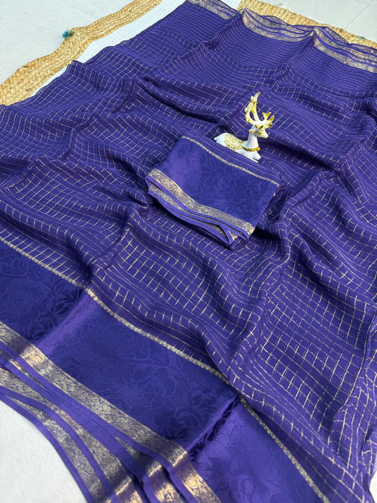 Scrupulous Navy Blue Banarasi Viscose Georgette Silk Saree With Gorgeous Blouse Piece