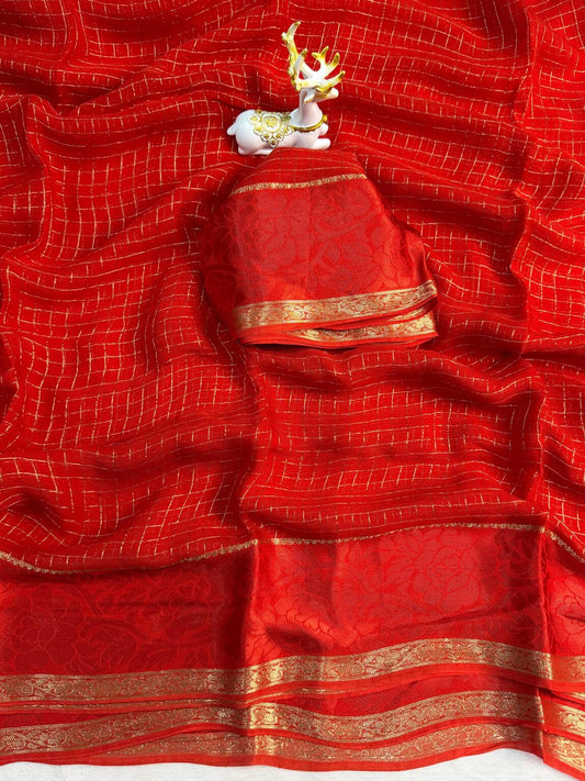 Ephemeral Red Banarasi Viscose Georgette Silk Saree With Supernal Blouse Piece