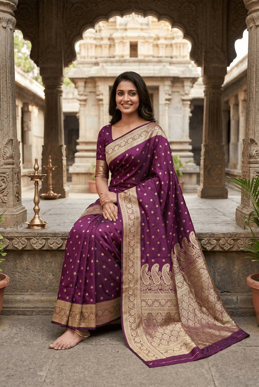 Splendiferous Purple Pure Zari Weaving Banarasi Silk Saree With Nectarous Blouse Piece
