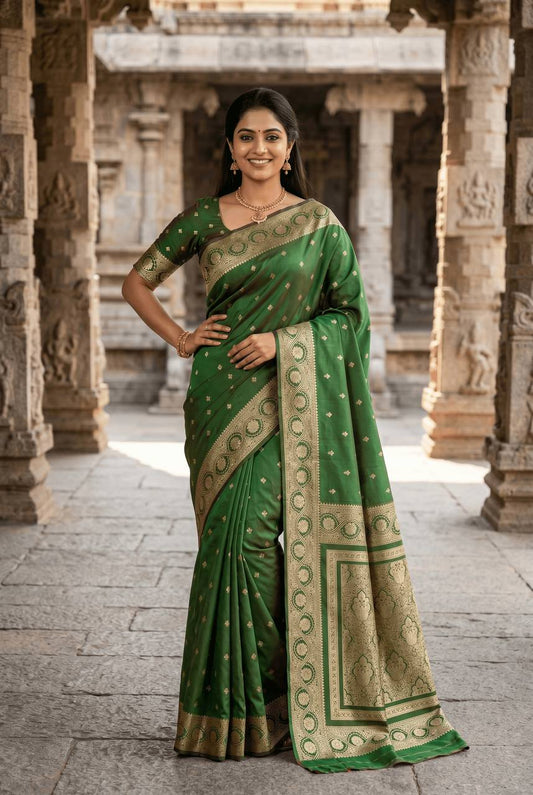 Magnetic Green Pure Zari Weaving Banarasi Silk Saree With Resplendent Blouse Piece