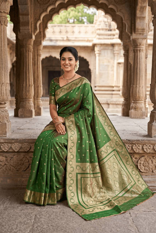 Magnetic Green Pure Zari Weaving Banarasi Silk Saree With Resplendent Blouse Piece