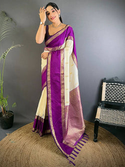 Eloquence Beige Pure Zari Weaving Banarasi Silk Saree With Glamorous Blouse Piece
