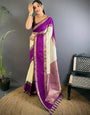 Eloquence Beige Pure Zari Weaving Banarasi Silk Saree With Glamorous Blouse Piece