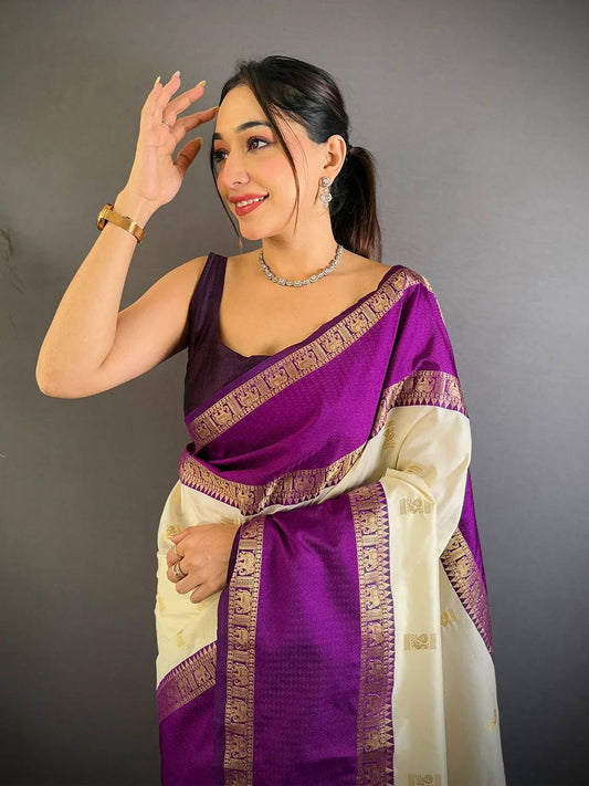 Eloquence Beige Pure Zari Weaving Banarasi Silk Saree With Glamorous Blouse Piece