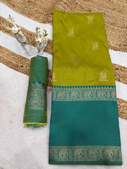Palimpsest Mehndi Pure Zari Weaving Banarasi Silk Saree With Rhapsodic Blouse Piece