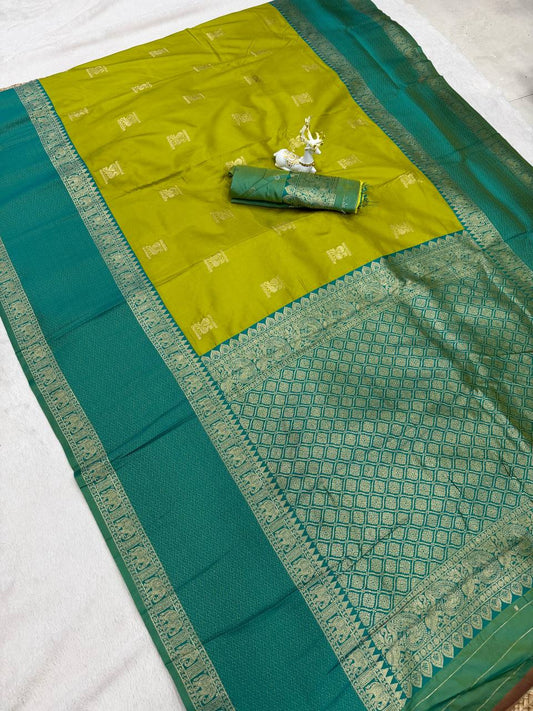 Palimpsest Mehndi Pure Zari Weaving Banarasi Silk Saree With Rhapsodic Blouse Piece